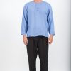 Men HaremPants | Mens Yoga Shirts No Collar With Coconut Buttons In Blue