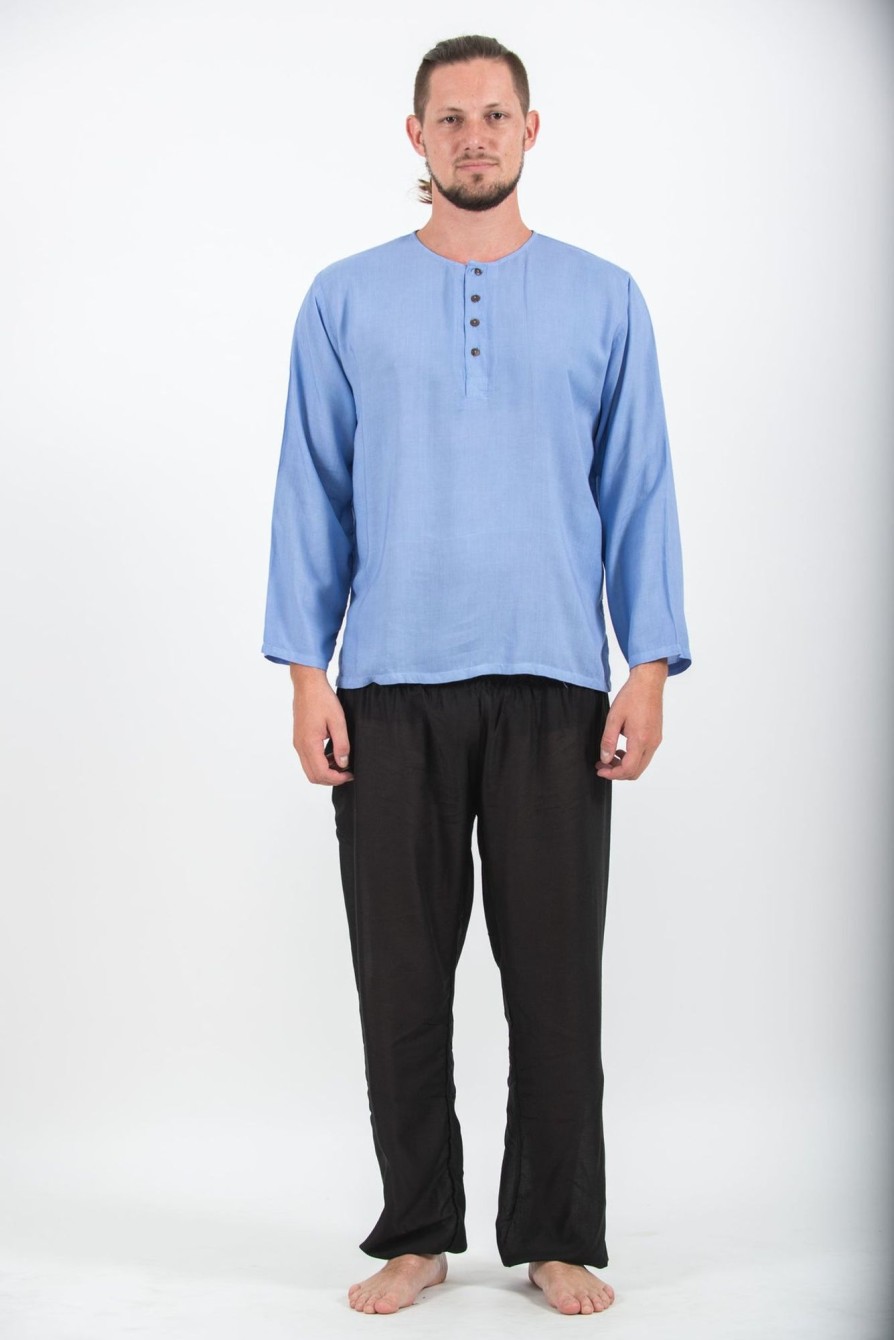 Men HaremPants | Mens Yoga Shirts No Collar With Coconut Buttons In Blue