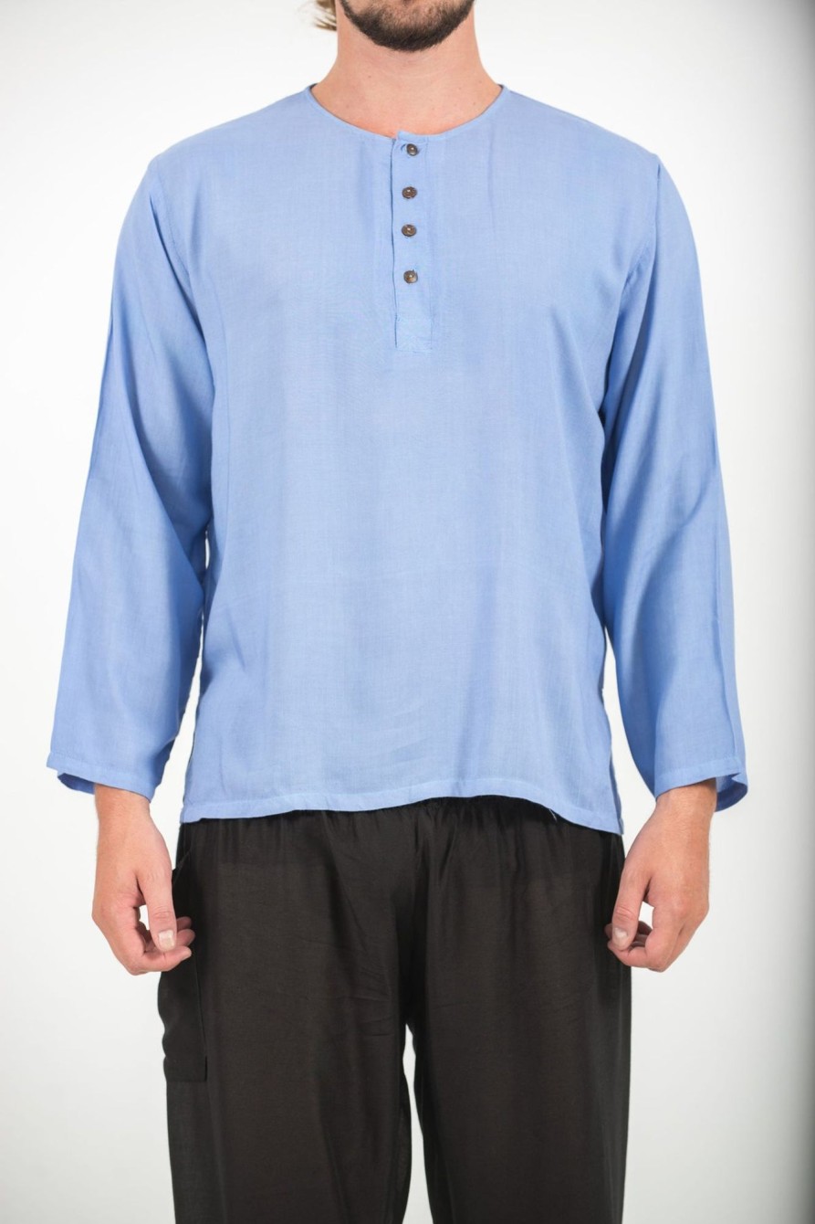 Men HaremPants | Mens Yoga Shirts No Collar With Coconut Buttons In Blue