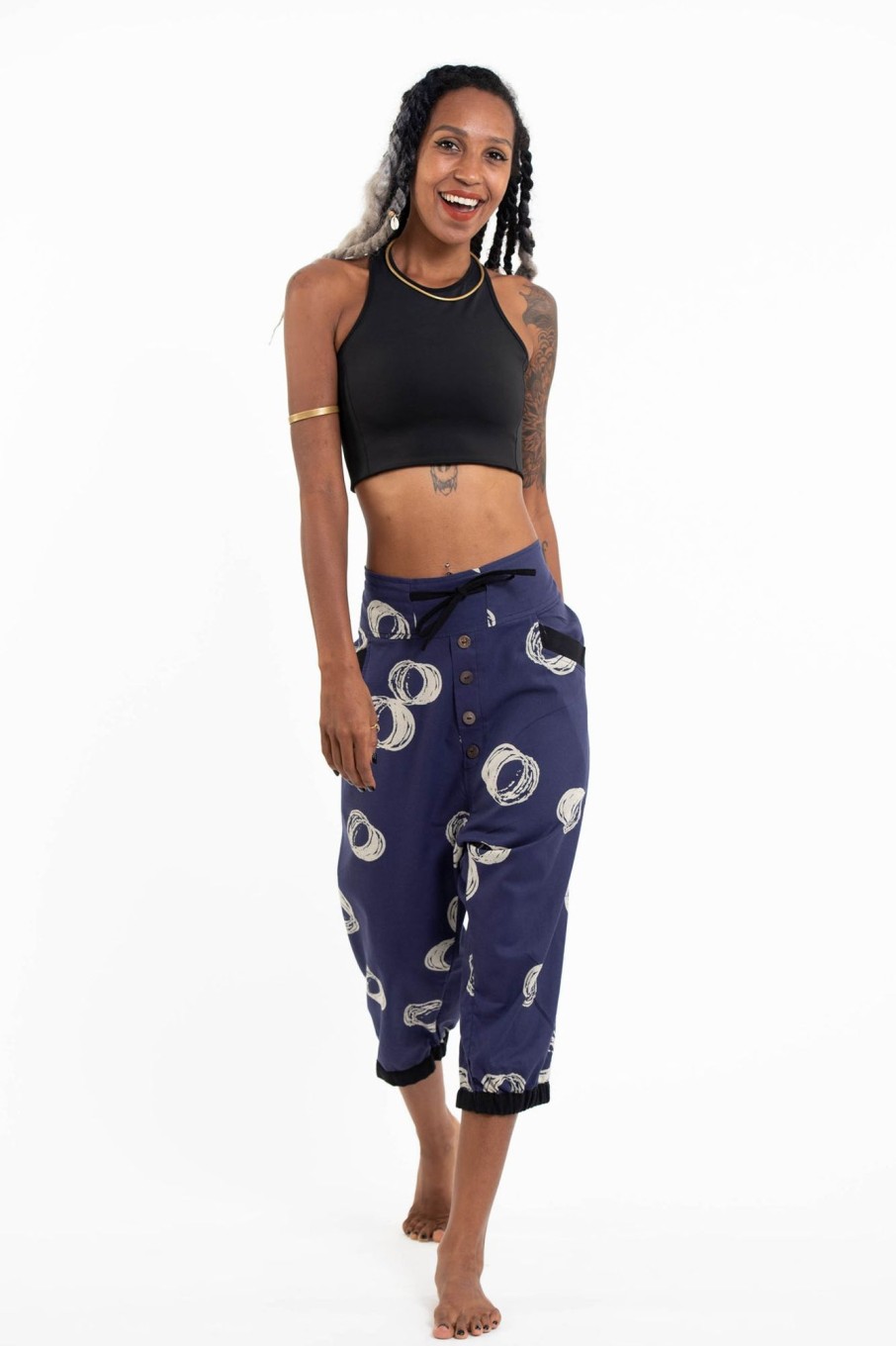 Women HaremPants | Circles Women'S Harem Pants With Faux Buttons In Navy