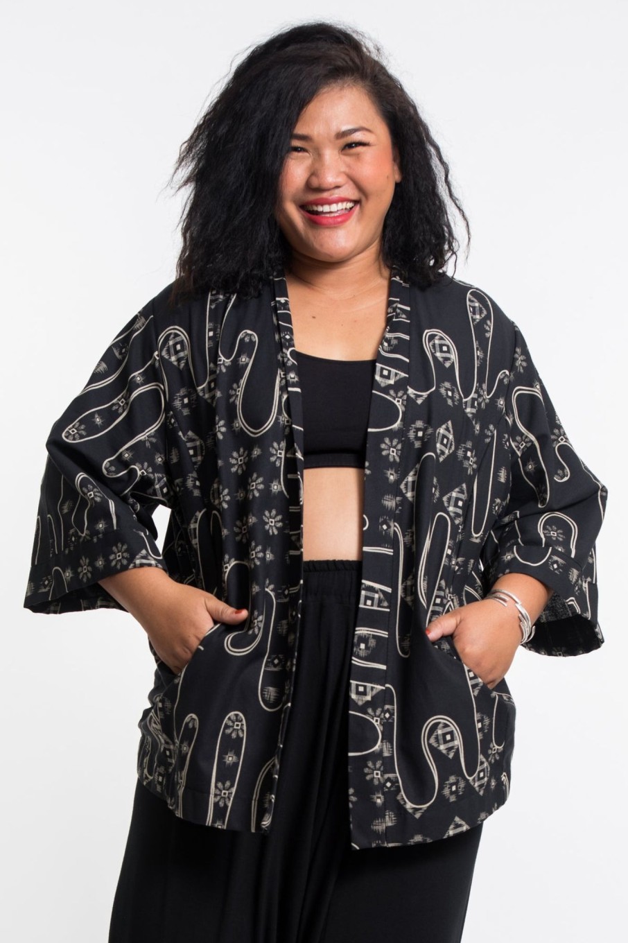 Plus Size HaremPants | Japanese Print Cotton Kimono Cardigan In Black