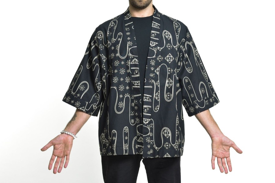 Plus Size HaremPants | Japanese Print Cotton Kimono Cardigan In Black