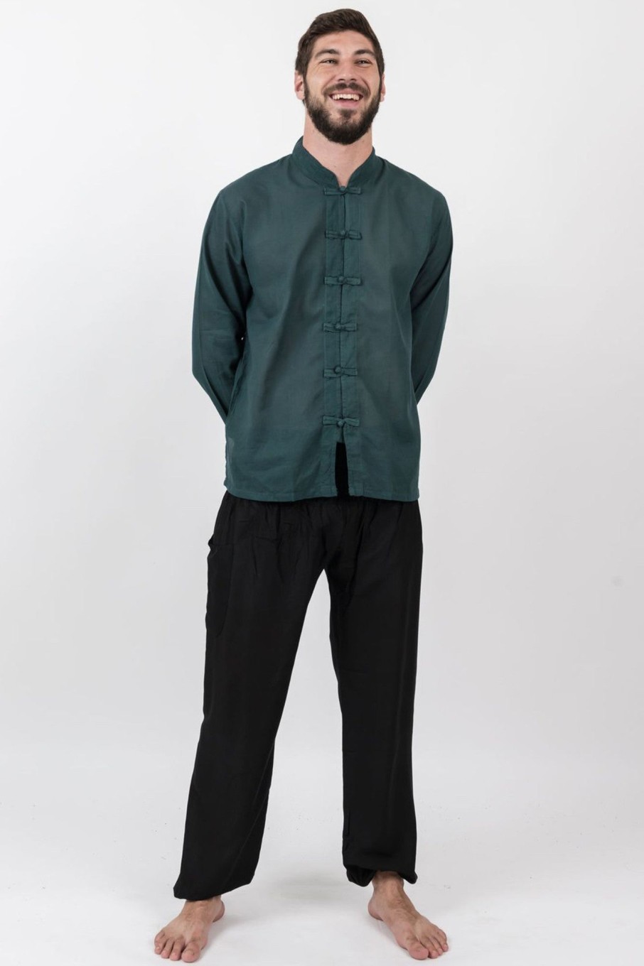 Men HaremPants | Mens Yoga Shirts Chinese Collared In Dark Teal