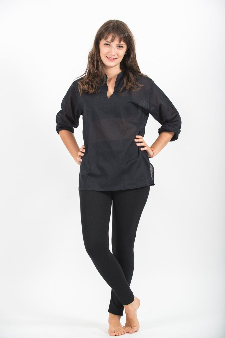 Women HaremPants | Womens Yoga Shirts Nehru Collared In Black