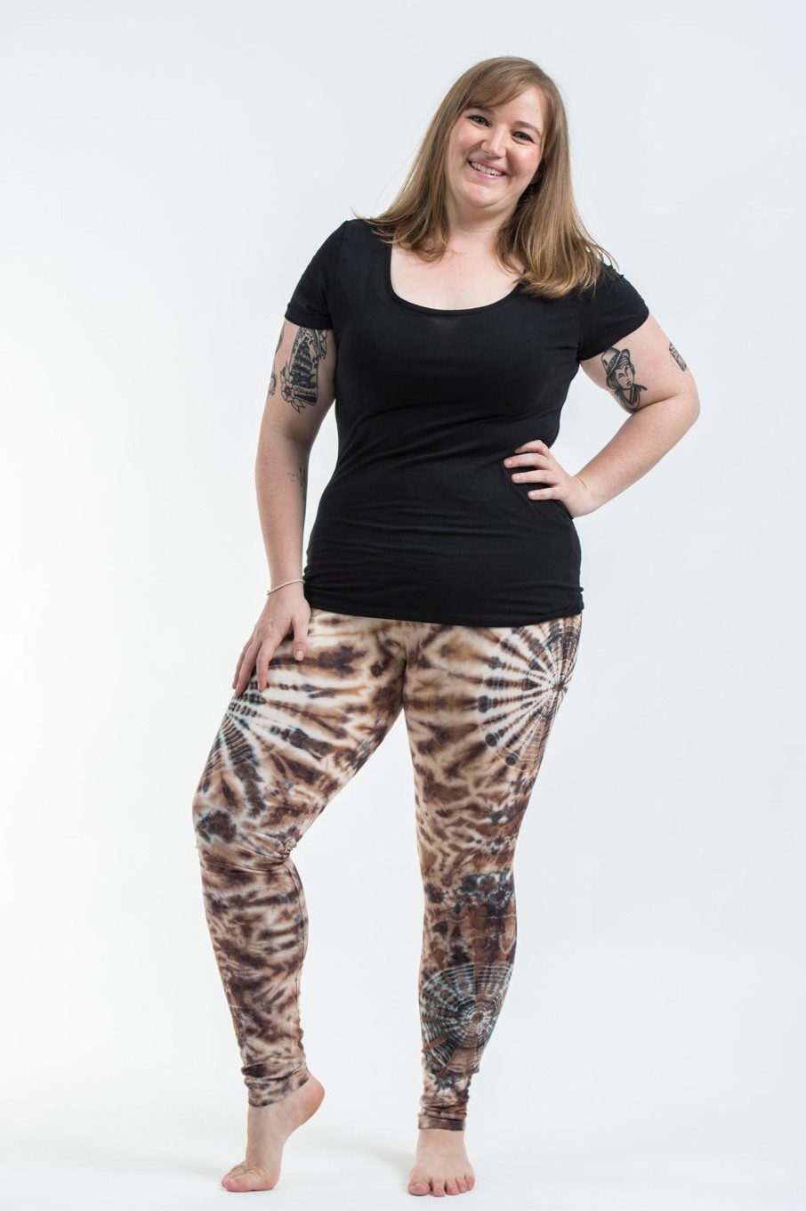 Plus Size HaremPants | Plus Size Swirls Tie Dye Cotton Leggings In Light Brown