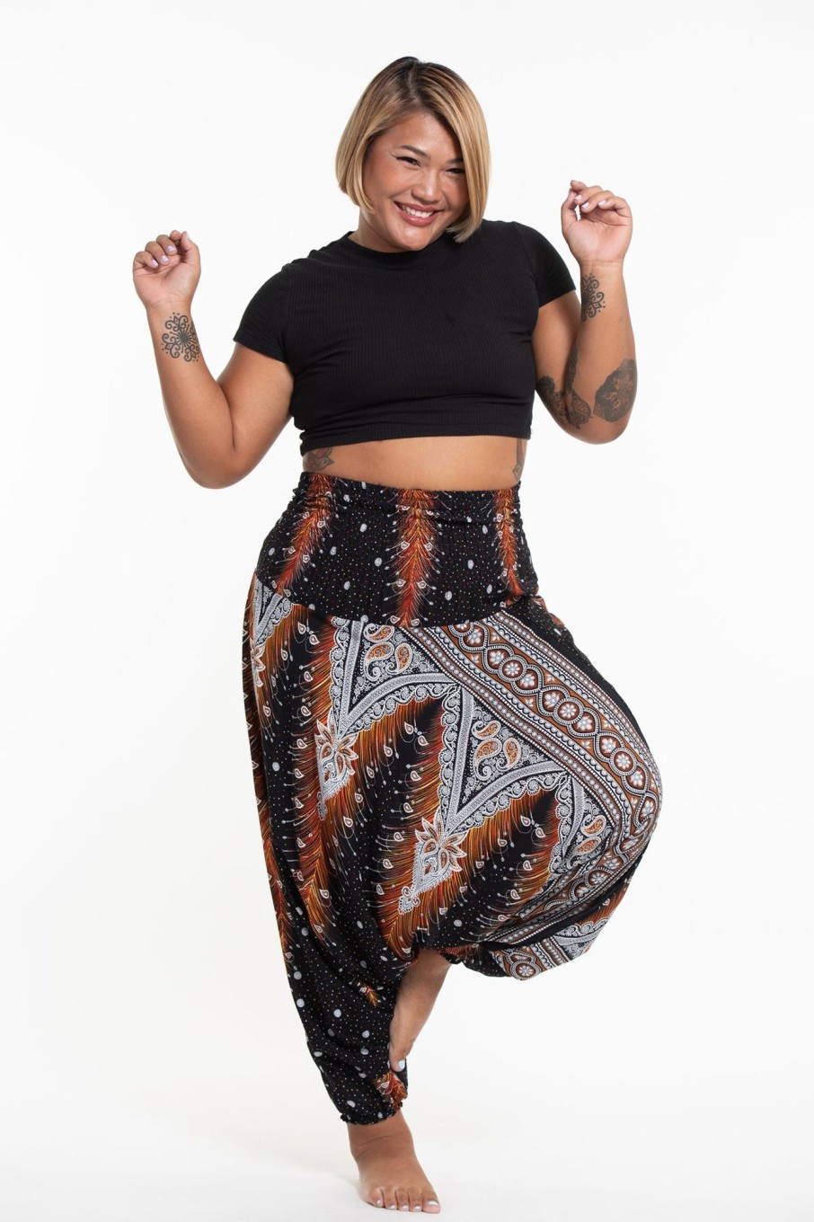 Women HaremPants | Plus Size Peacock Feathers 2-In-1 Jumpsuit Harem Pants In Black