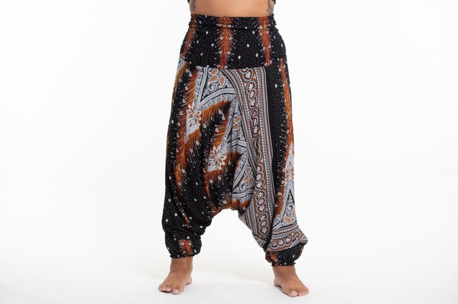 Women HaremPants | Plus Size Peacock Feathers 2-In-1 Jumpsuit Harem Pants In Black