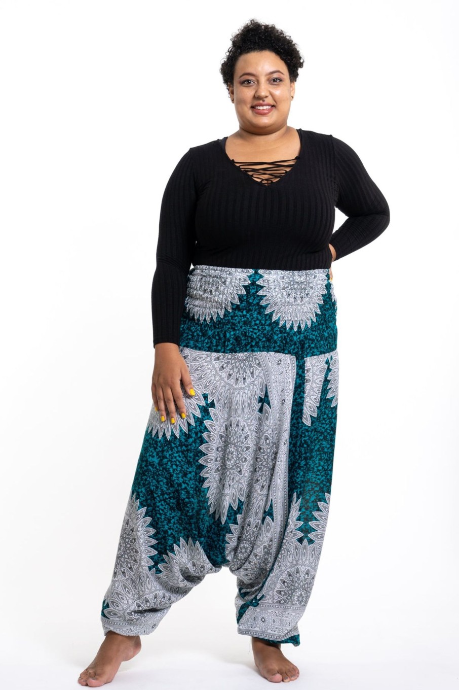 Women HaremPants | Plus Size Marble Mandalas 2-In-1 Jumpsuit Harem Pants In Turquoise