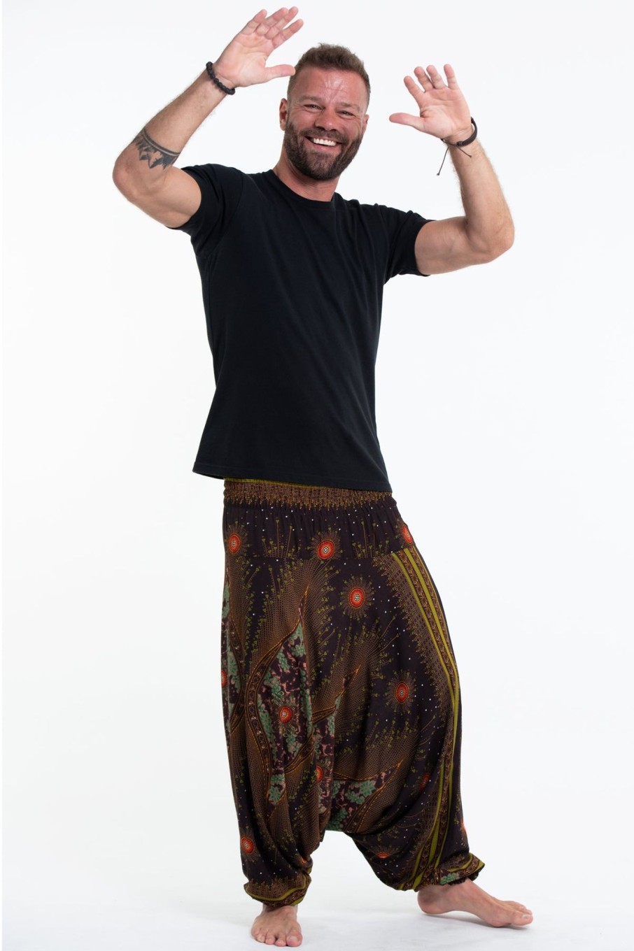 Men HaremPants | Peacock Eye Drop Crotch Men'S Harem Pants In Brown