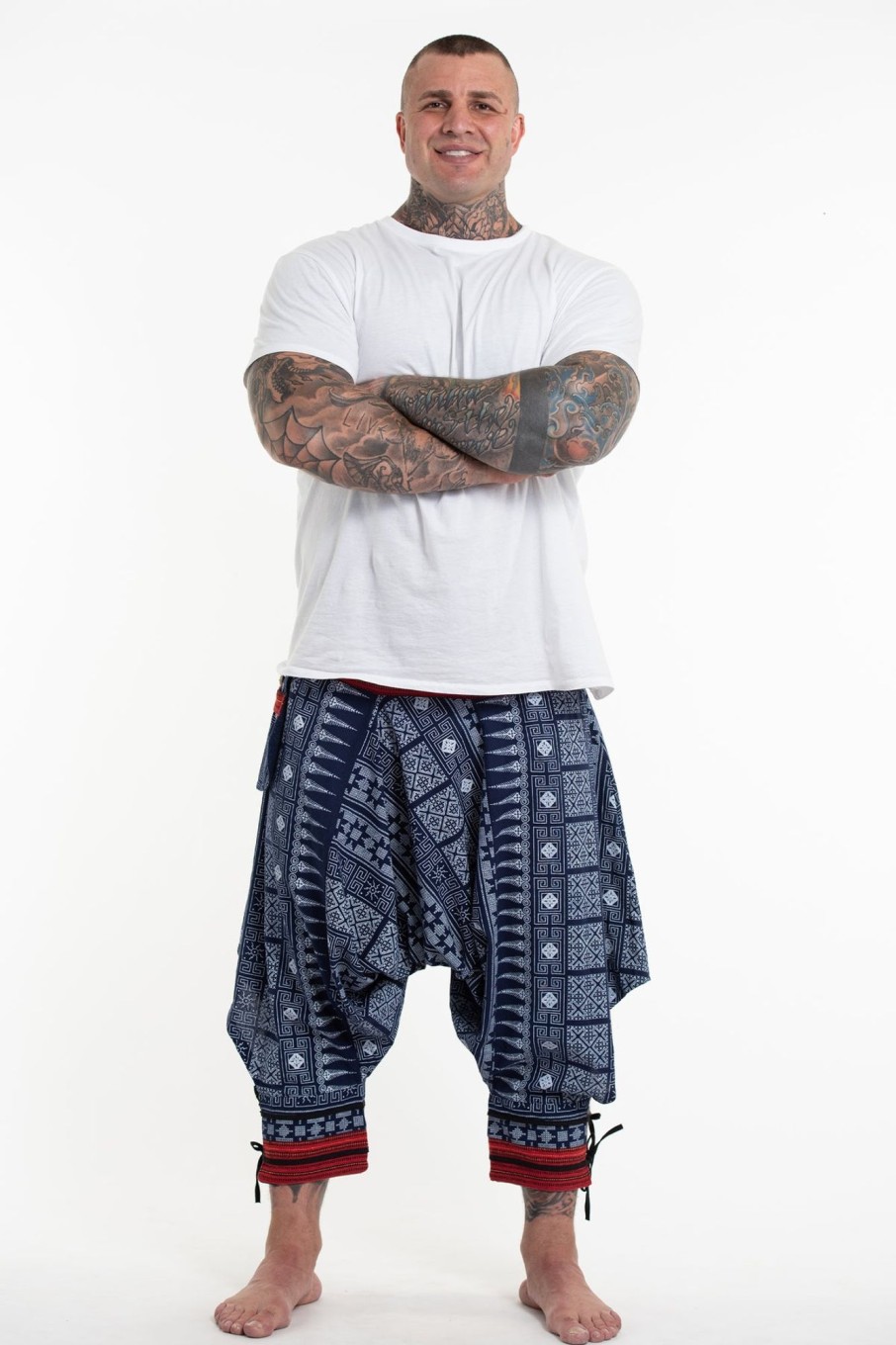 Plus Size HaremPants | Plus Size Traditional Prints Thai Hill Tribe Fabric Men'S Harem Pants With Ankle Straps In Navy