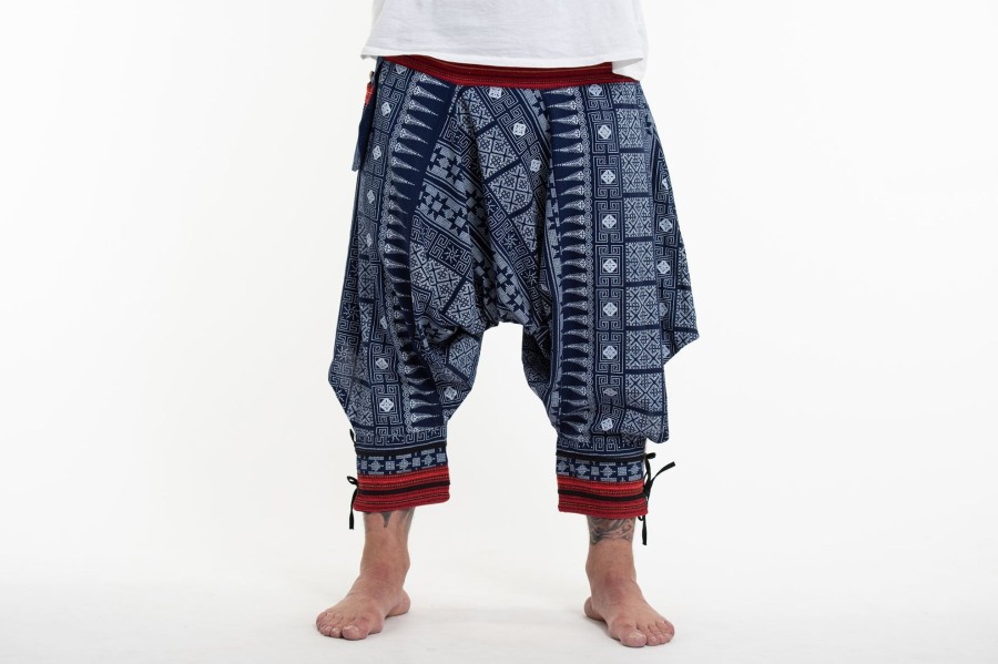 Plus Size HaremPants | Plus Size Traditional Prints Thai Hill Tribe Fabric Men'S Harem Pants With Ankle Straps In Navy