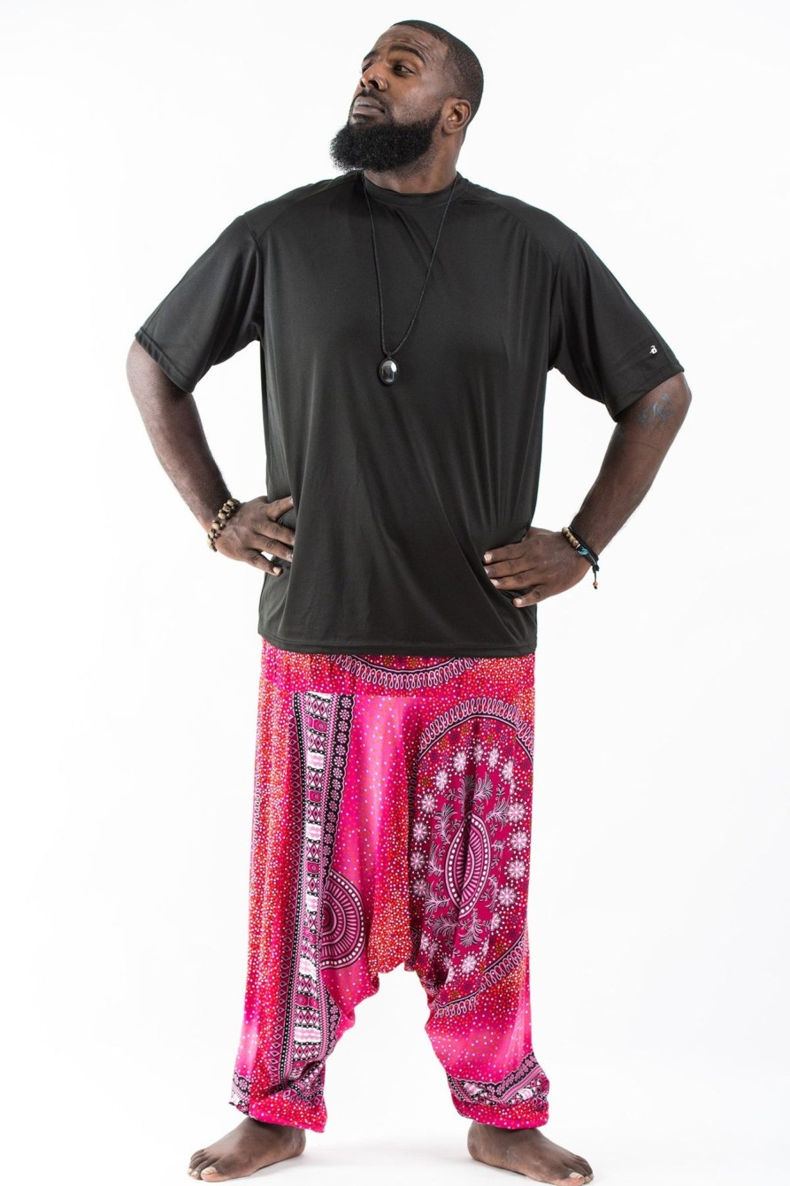 Plus Size HaremPants | Plus Size Tribal Chakras Drop Crotch Men'S Harem Pants In Pink