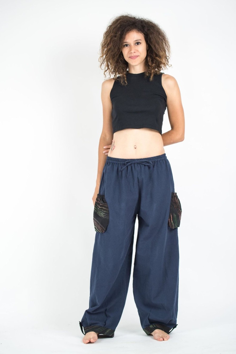 Women HaremPants | Thai Cotton Women Drawstring Pants With Hill Tribe Trim Blue