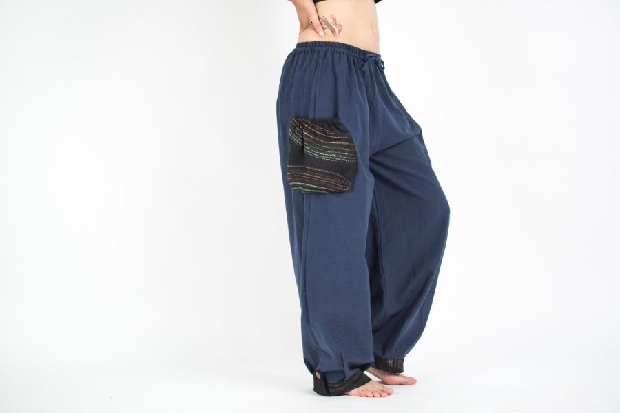 Women HaremPants | Thai Cotton Women Drawstring Pants With Hill Tribe Trim Blue