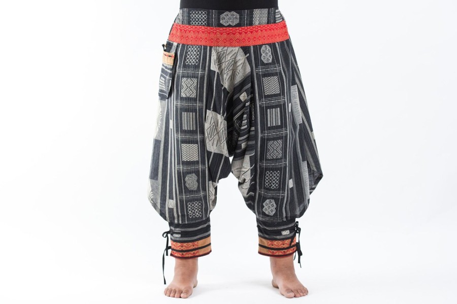 Plus Size HaremPants | Plus Size Thai Hill Tribe Fabric Women Harem Pants With Ankle Straps In Black