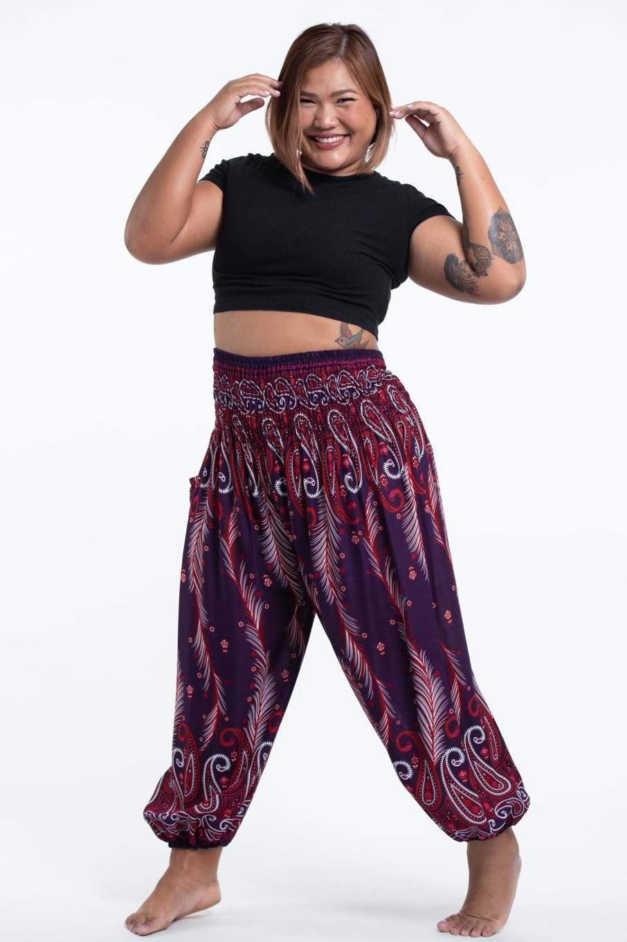 Plus Size HaremPants | Plus Size Paisley Feathers Women'S Harem Pants In Purple