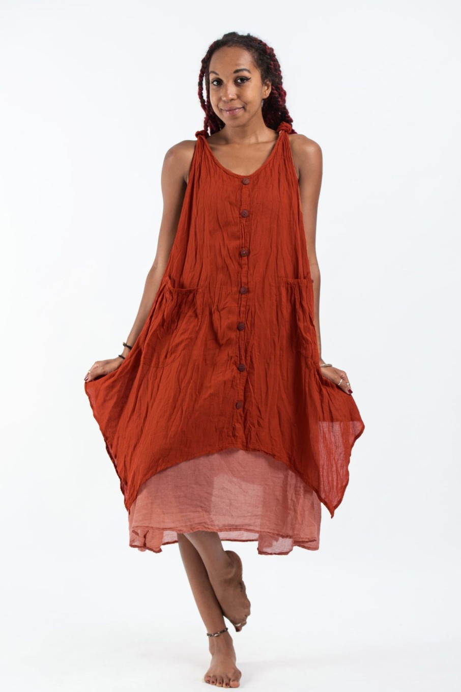 Women HaremPants | Crinkled Hill Tribe Cotton Tank Dress In Brick