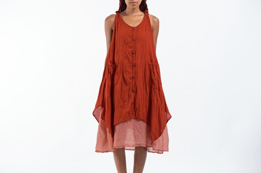 Women HaremPants | Crinkled Hill Tribe Cotton Tank Dress In Brick