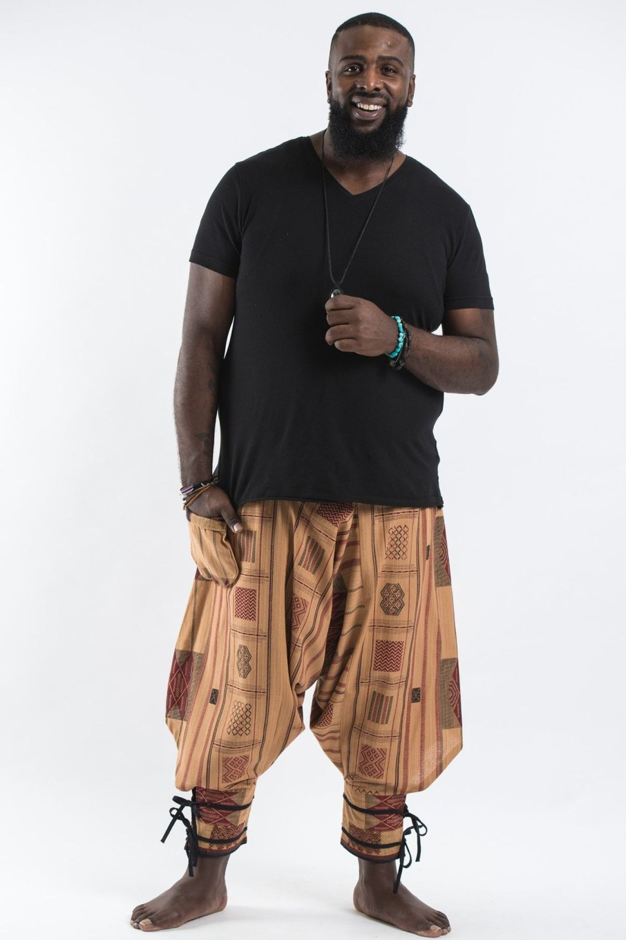 Men HaremPants | Plus Size Thai Hill Tribe Fabric Men Harem Pants With Ankle Straps In Beige