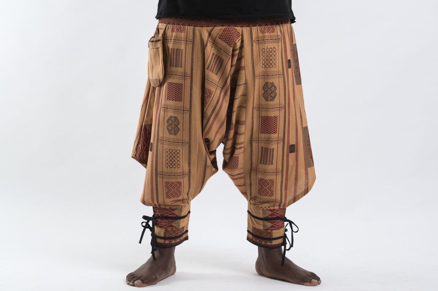 Men HaremPants | Plus Size Thai Hill Tribe Fabric Men Harem Pants With Ankle Straps In Beige