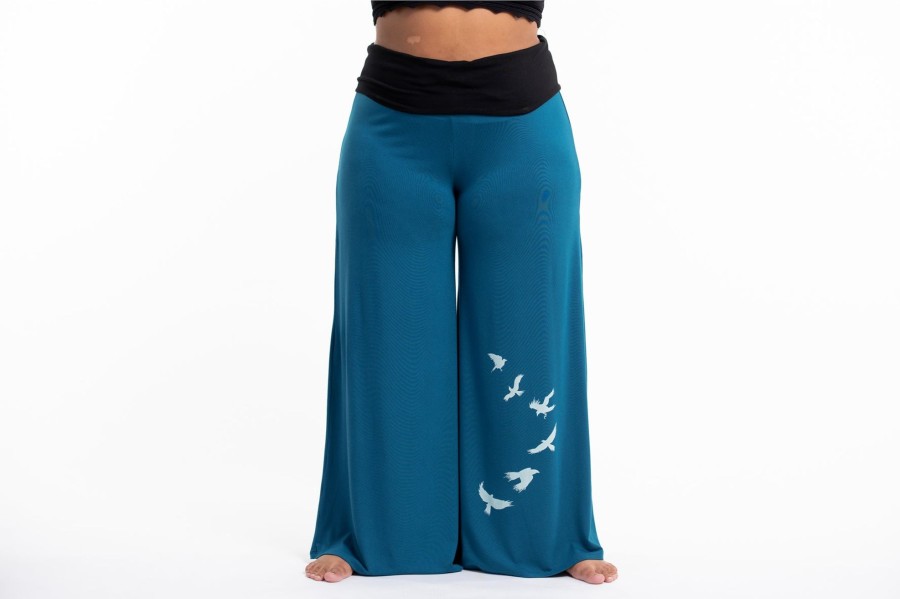 Women HaremPants | Plus Size Birds Print Wide Leg Palazzo Harem Pants Cotton Spandex In Turquoise