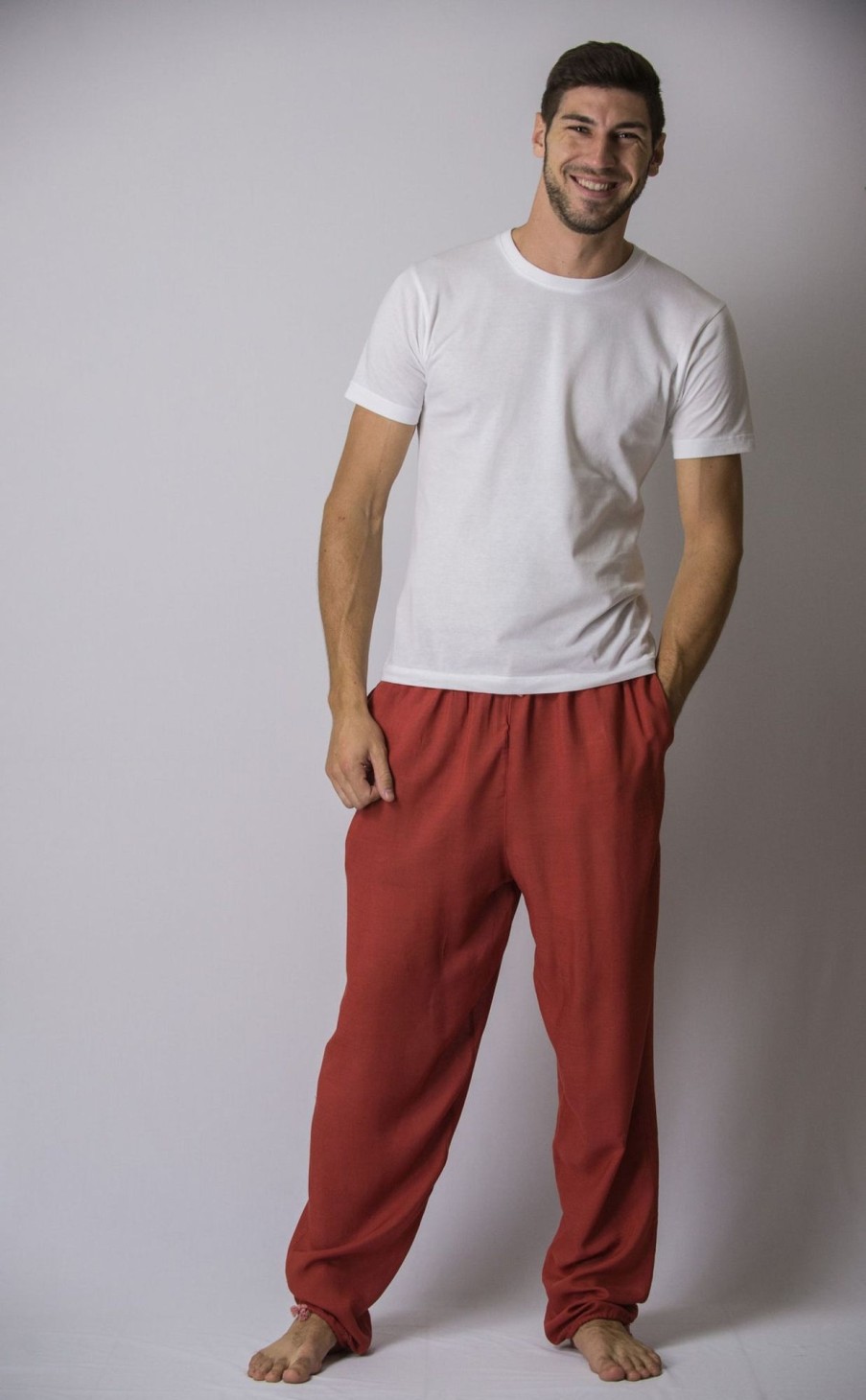 Men HaremPants | Solid Color Drawstring Men'S Yoga Massage Pants In Red