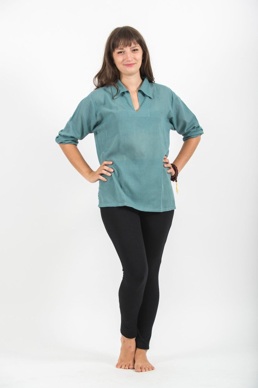 Women HaremPants | Womens Yoga Shirts Collar V Neck In Aqua