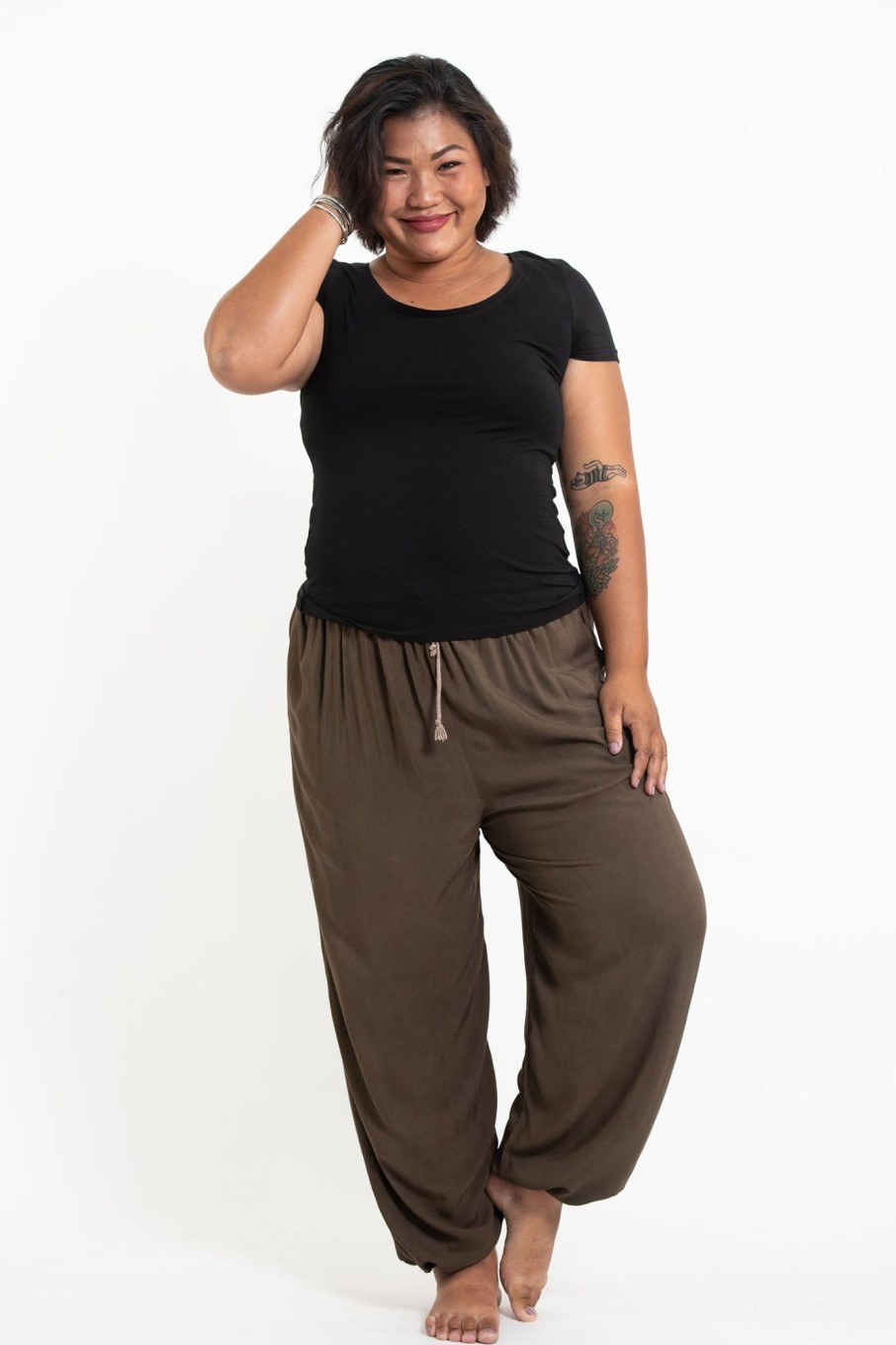 Plus Size HaremPants | Plus Size Solid Color Drawstring Women'S Yoga Massage Pants In Brown