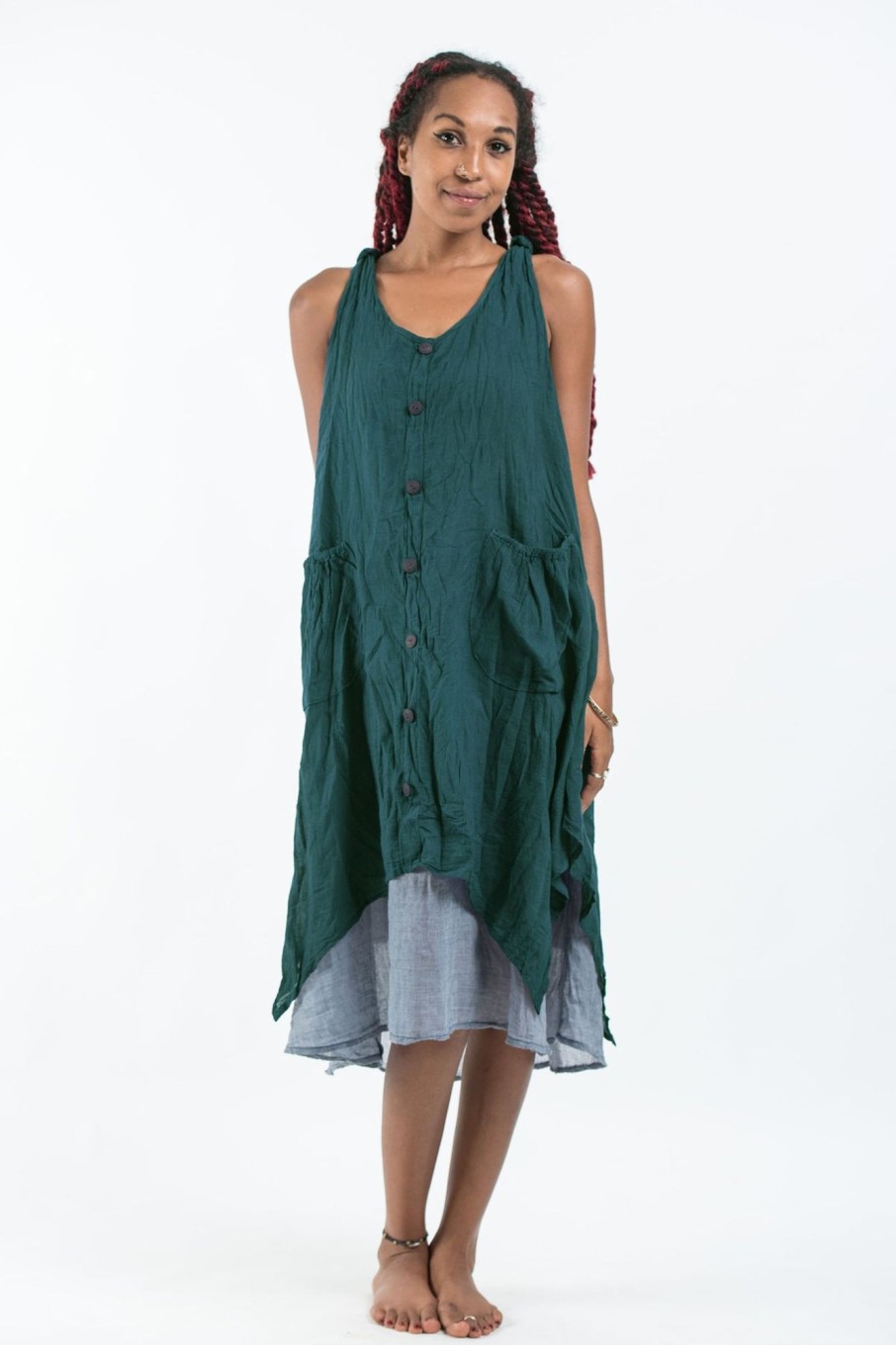 Women HaremPants | Crinkled Hill Tribe Cotton Tank Dress In Teal