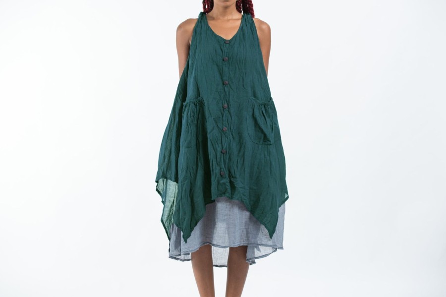 Women HaremPants | Crinkled Hill Tribe Cotton Tank Dress In Teal