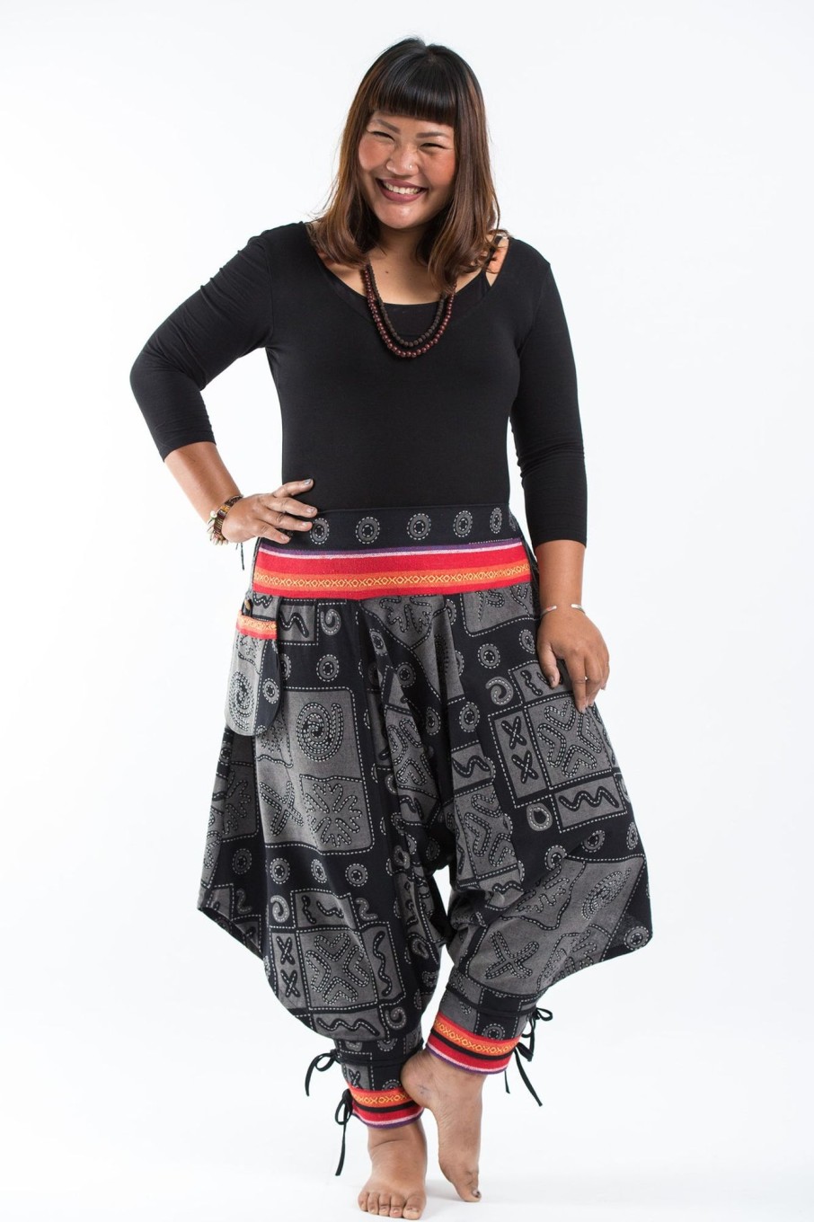 Plus Size HaremPants | Plus Size And Gray Thai Hill Tribe Fabric Women Harem Pants With Ankle Straps Black