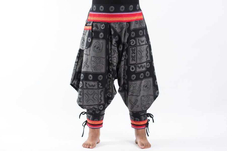 Plus Size HaremPants | Plus Size And Gray Thai Hill Tribe Fabric Women Harem Pants With Ankle Straps Black