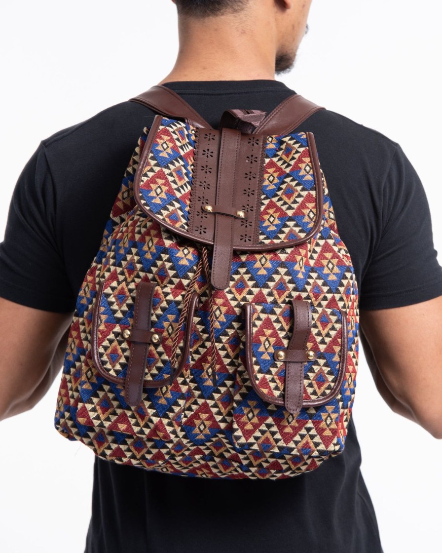 Accessories HaremPants | Tribal Woven Fabric With Faux Leather Backpack 01 Multi