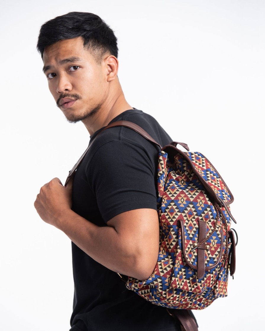 Accessories HaremPants | Tribal Woven Fabric With Faux Leather Backpack 01 Multi