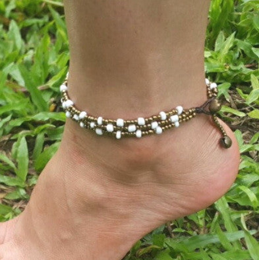 Accessories HaremPants | Hand Made Fair Trade Anklet Three Strand Brass Beads White