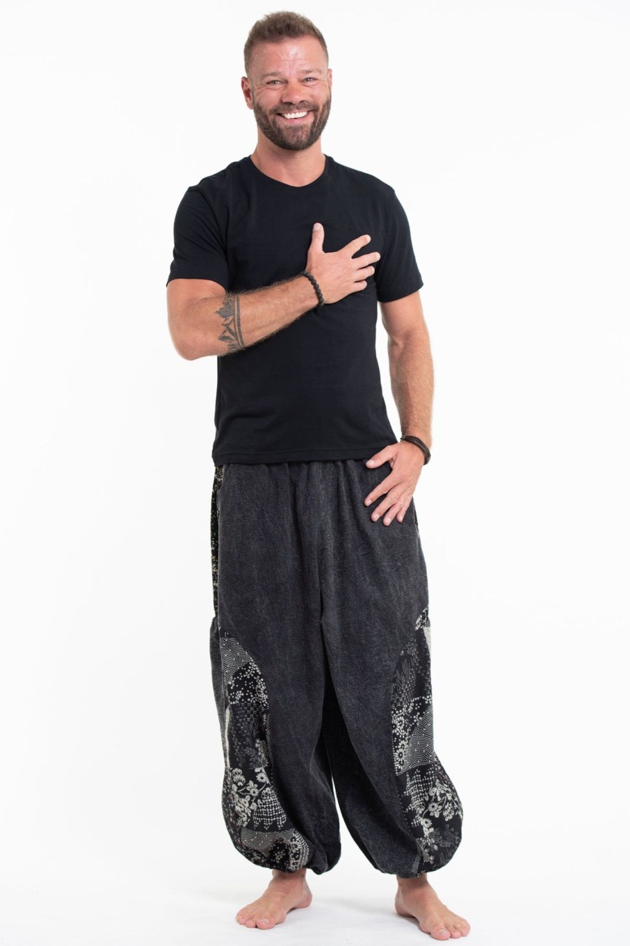 Women HaremPants | Stone Washed Patchwork Men Unisex Pants In Black