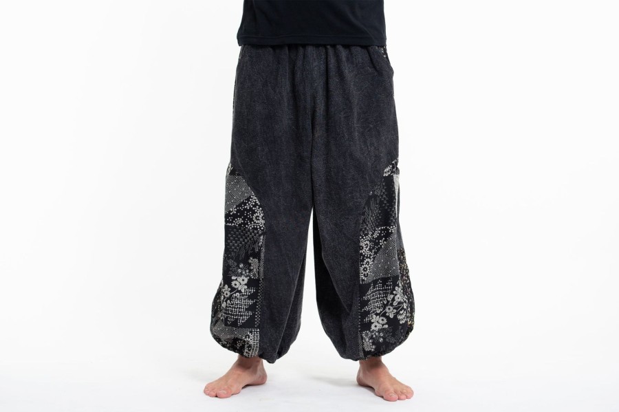 Women HaremPants | Stone Washed Patchwork Men Unisex Pants In Black