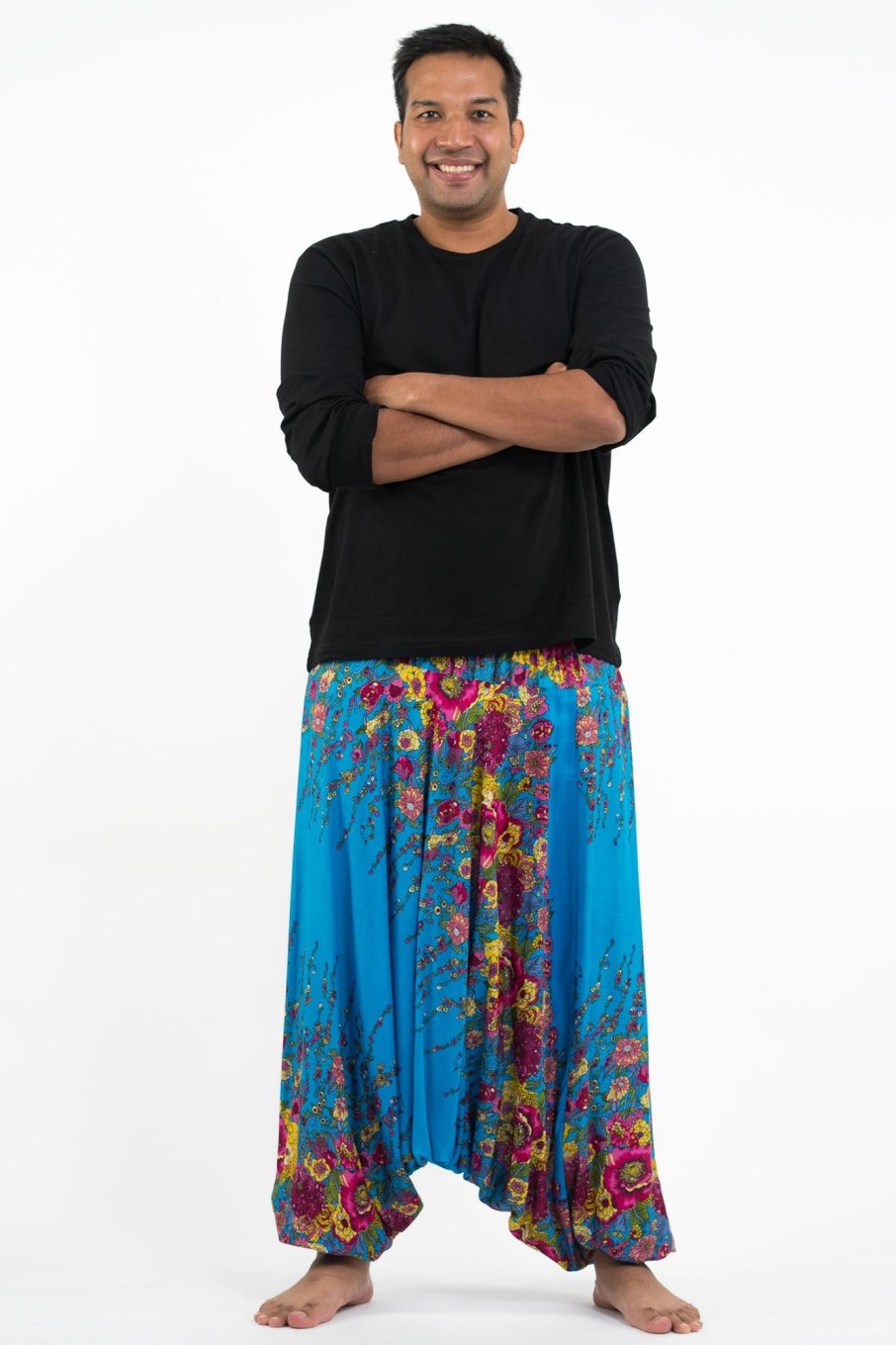 Men HaremPants | Plus Size Floral Drop Crotch Men'S Harem Pants In Ocean Blue