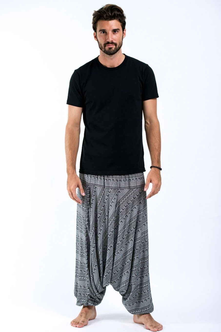 Men HaremPants | Aztec Stripes Drop Crotch Men'S Harem Pants In Black