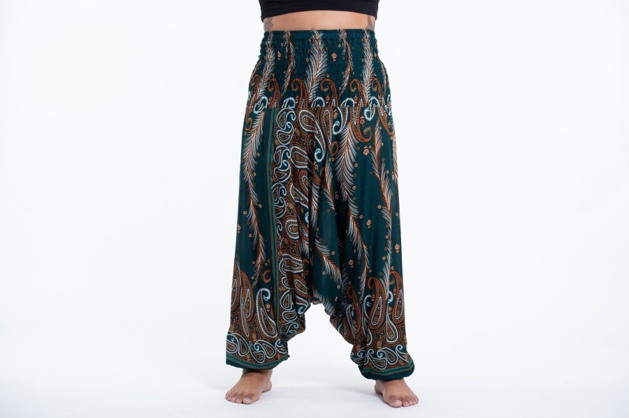 Plus Size HaremPants | Plus Size Paisley Feathers 2-In-1 Jumpsuit Harem Pants In Green