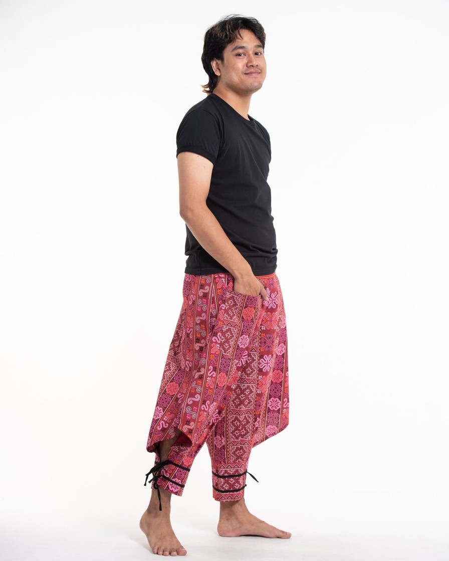 Men HaremPants | Clovers Thai Hill Tribe Fabric Men'S Harem Pants With Ankle Straps In Pink Red