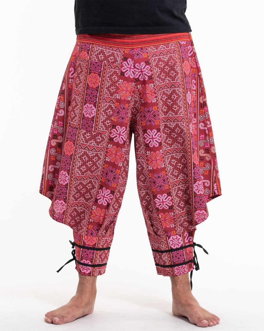 Men HaremPants | Clovers Thai Hill Tribe Fabric Men'S Harem Pants With Ankle Straps In Pink Red