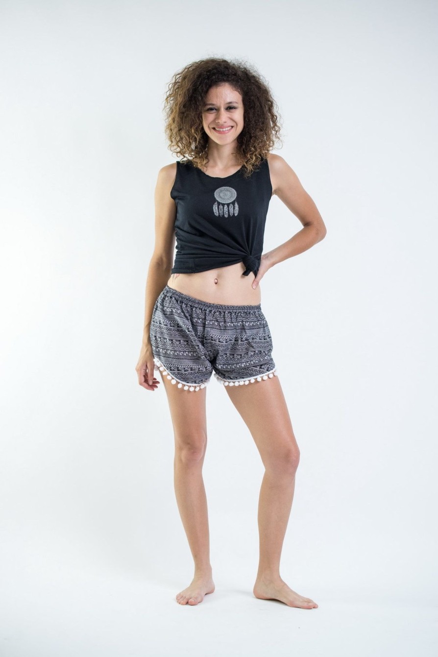 Women HaremPants | Aztec Stripes Pom Pom Shorts In Gray/White