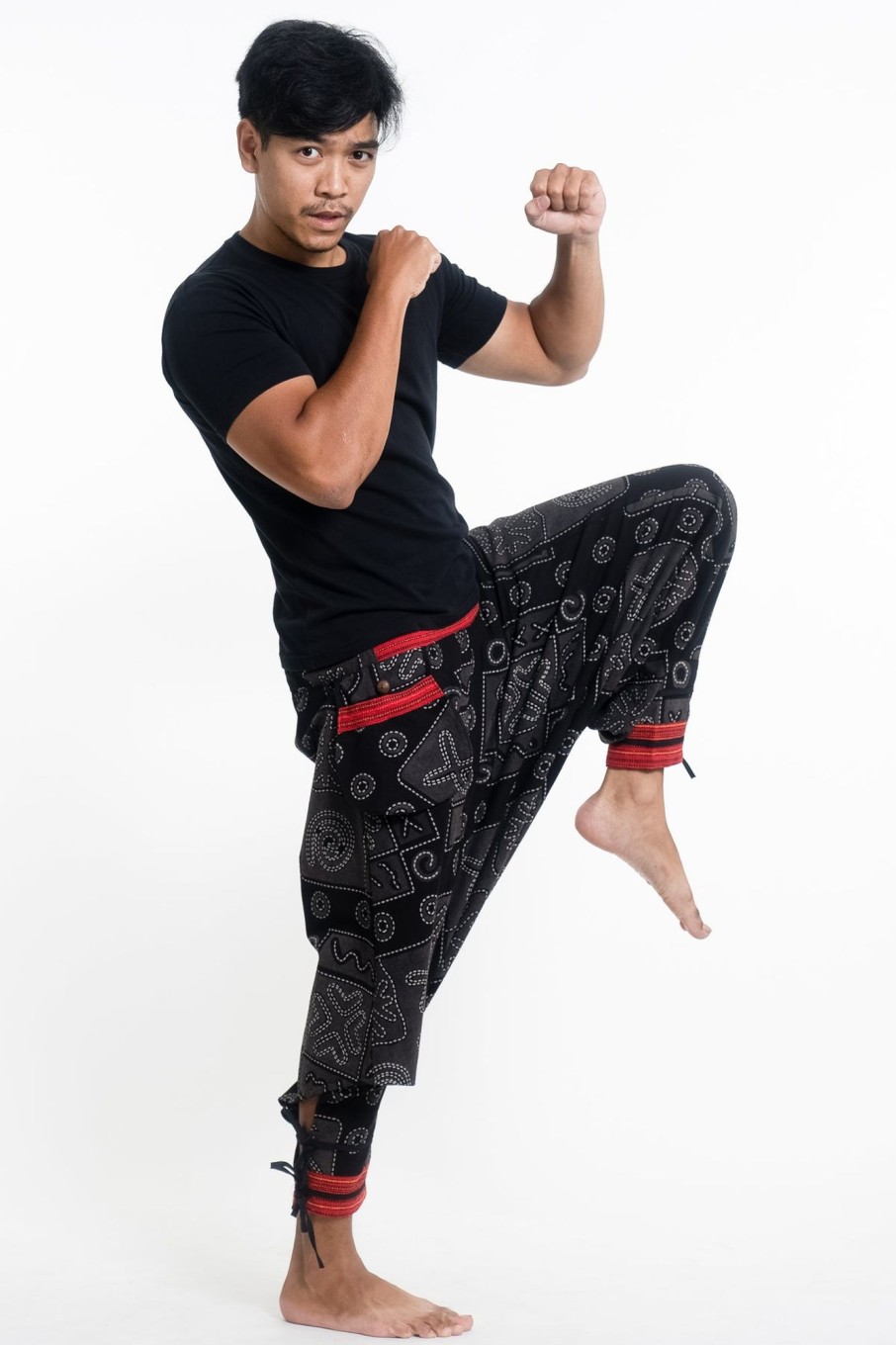 Men HaremPants | And Gray Thai Hill Tribe Fabric Men'S Harem Pants With Ankle Straps Black