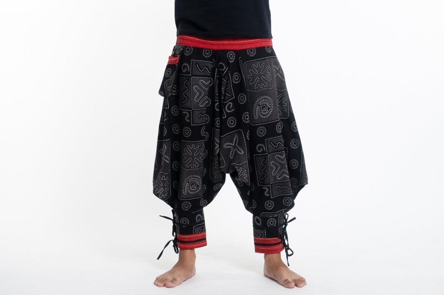 Men HaremPants | And Gray Thai Hill Tribe Fabric Men'S Harem Pants With Ankle Straps Black