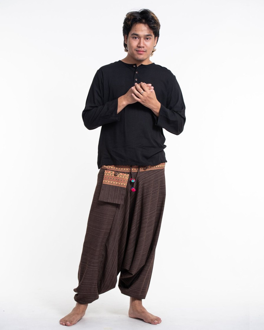 Men HaremPants | Pinstripe Cotton Low Cut Men'S Harem Pants With Hill Tribe Trim Brown