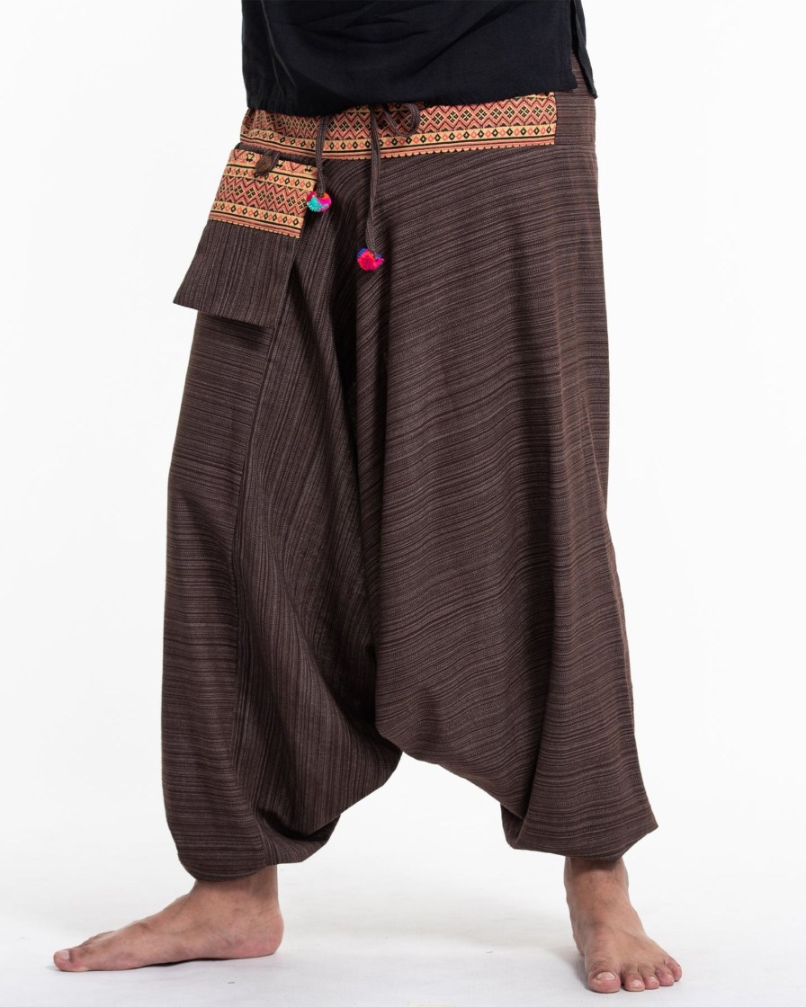 Men HaremPants | Pinstripe Cotton Low Cut Men'S Harem Pants With Hill Tribe Trim Brown