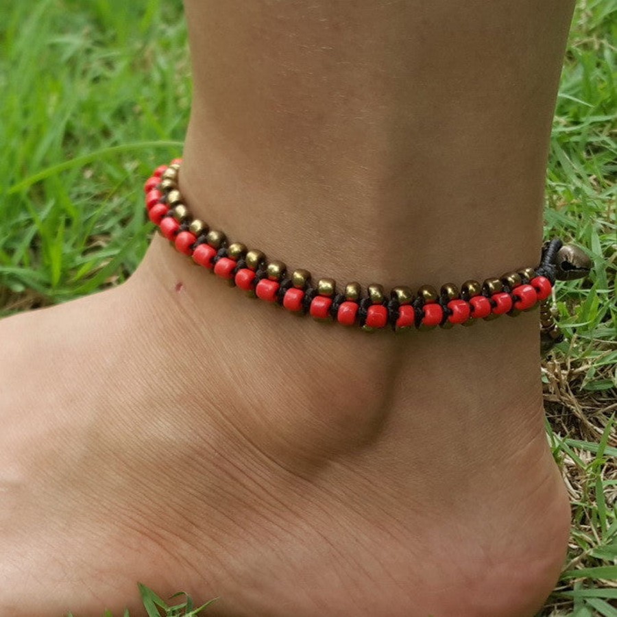 Accessories HaremPants | Hand Made Fair Trade Anklet Double Strand Brass Beads Red