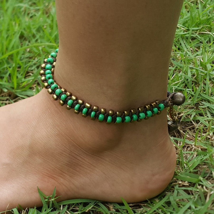 Accessories HaremPants | Hand Made Fair Trade Anklet Double Strand Brass Beads Green