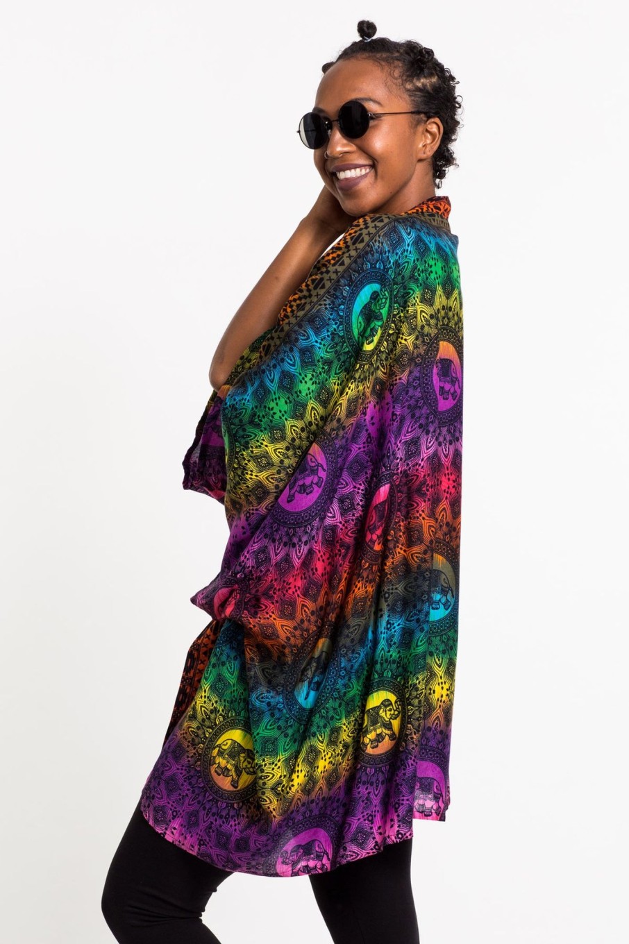 Plus Size HaremPants | Rainbow Elephant Kimono Cardigan In Purple